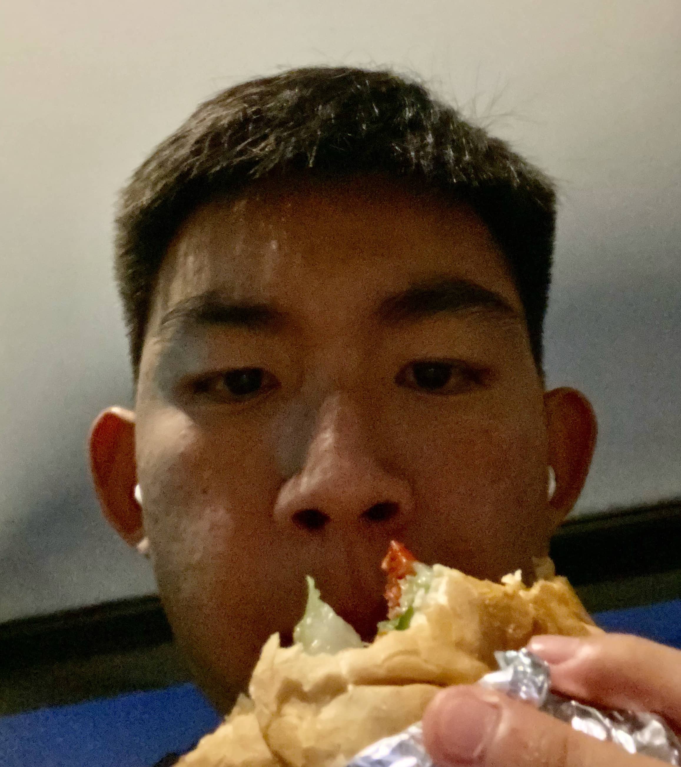Eating a sandwich after a bad haircut